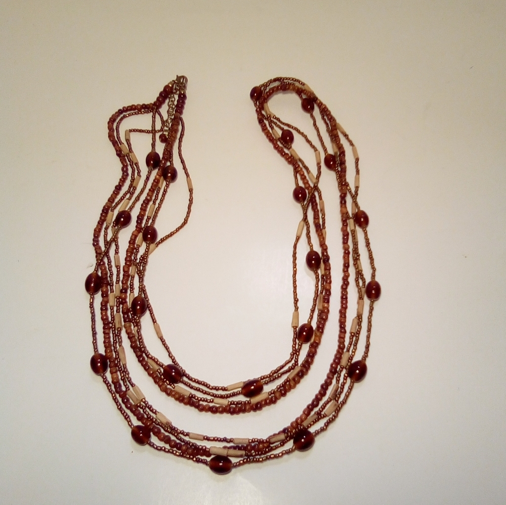 Fashion Necklace Brown Beads Boho Hippie Office Multi Strand Lobster Claw Clasp - Picture 3 of 8